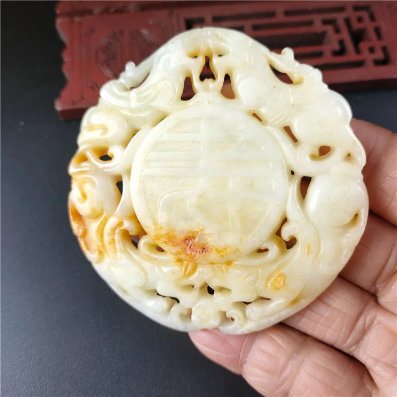 Antique Jade Crafts Xiuyan Jade Double-Sided Workers Hollow out Four Beasts around Longevity Jade Pendant Jade Pendant Wholesale