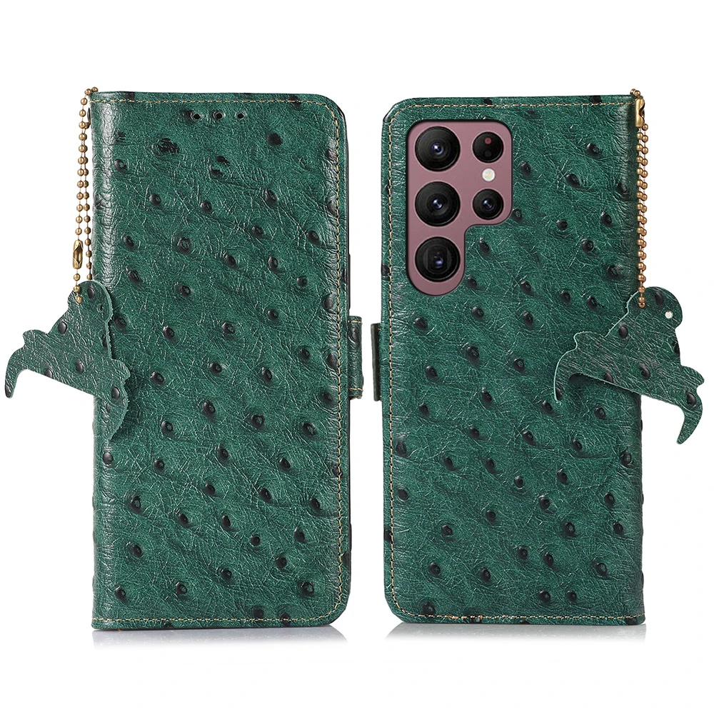Straußenmaserung Echtleder Wallet Flip Case für Samsung Galaxy S22 Plus S21 FE S23 S24 S25 Ultra 5G A36 A55 A35 A53 A52 Cover