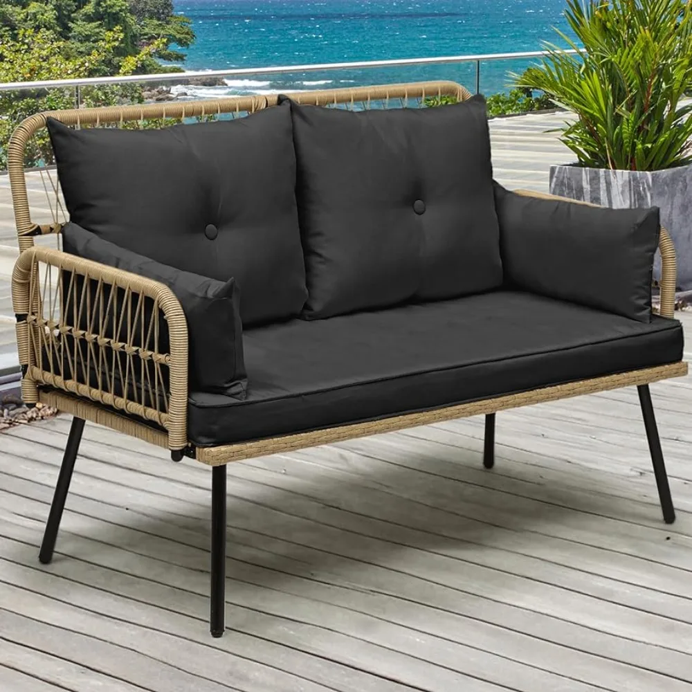 

Courtyard furniture, wicker outdoor double sofa, all-weather rattan strip with soft padding for backyard, balcony, and deck