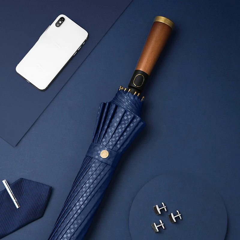Vintage Straight Handle Umbrella Luxury Wooden Long Handle Umbrella 16K Windproof Reinforced Men Large Business Umbrellas Gifts