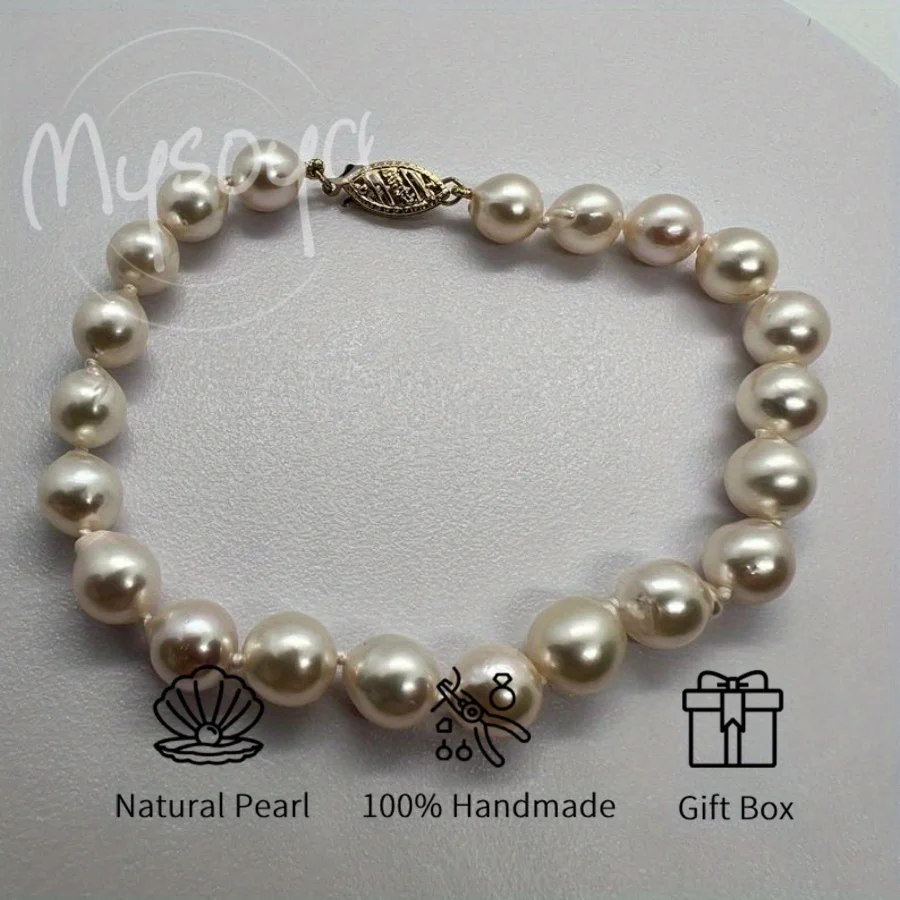 

MYSOYA Baroque Akoya Pearl Bracelet, White Seawater Pearl 7.5-8 Mm with Gift Box Suitable for Wedding/ Daily/ Birthday Gift
