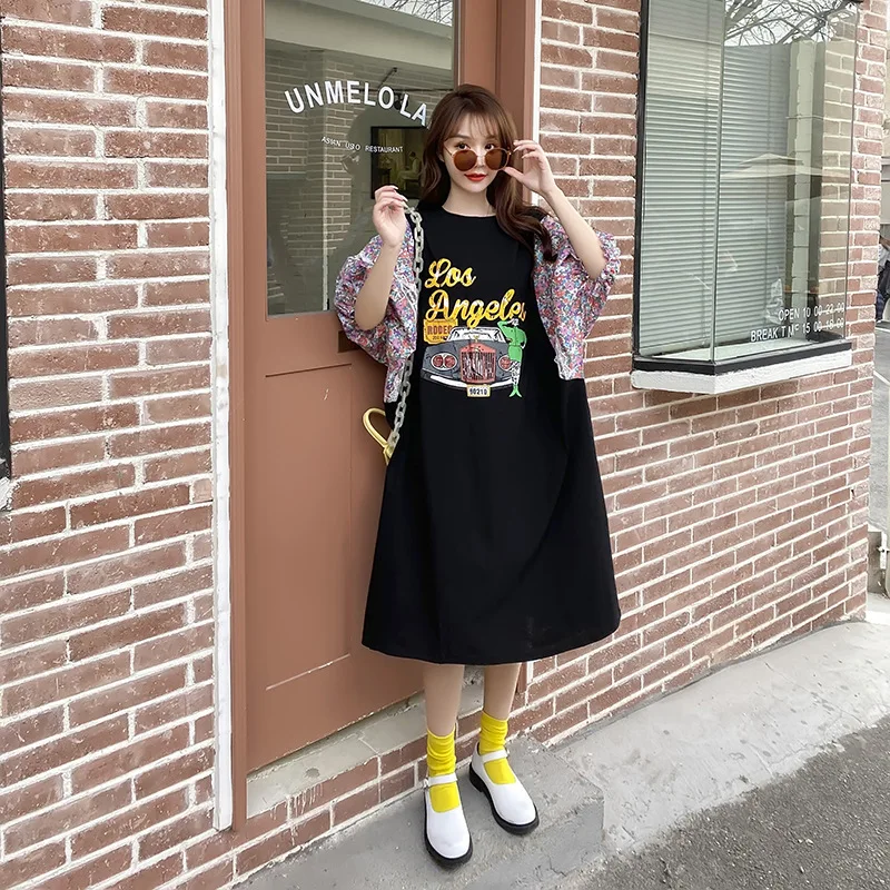 جديد الصيف كوريا فستان امرأة فضفاضة Vestidos رداء Elbise موضة المرقعة الطباعة الركبة طول فساتين طويلة