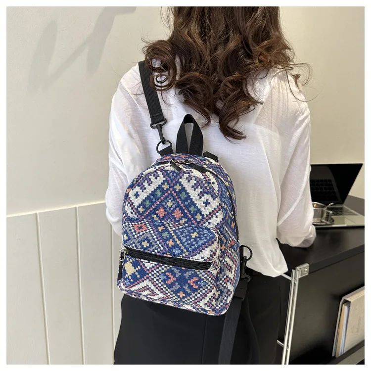 Large capacity canvas retro national style small backpack women travel multi-function handbag cross body backpack