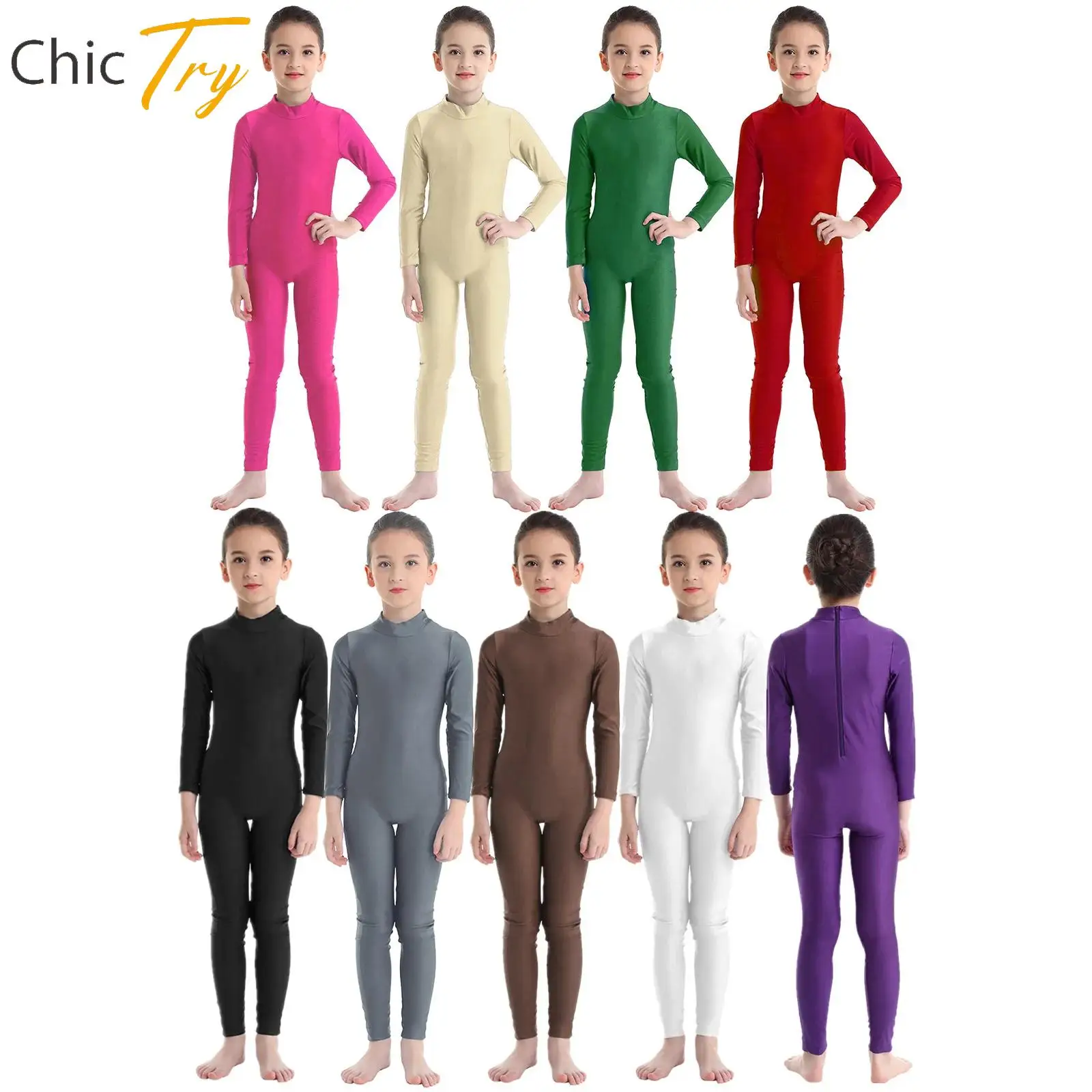 

Girls Ballet Dance Leotards Solid Color Gymnastics Full Body Unitard Leotard Long Sleeves Jumpsuit Stage Performance Costumes