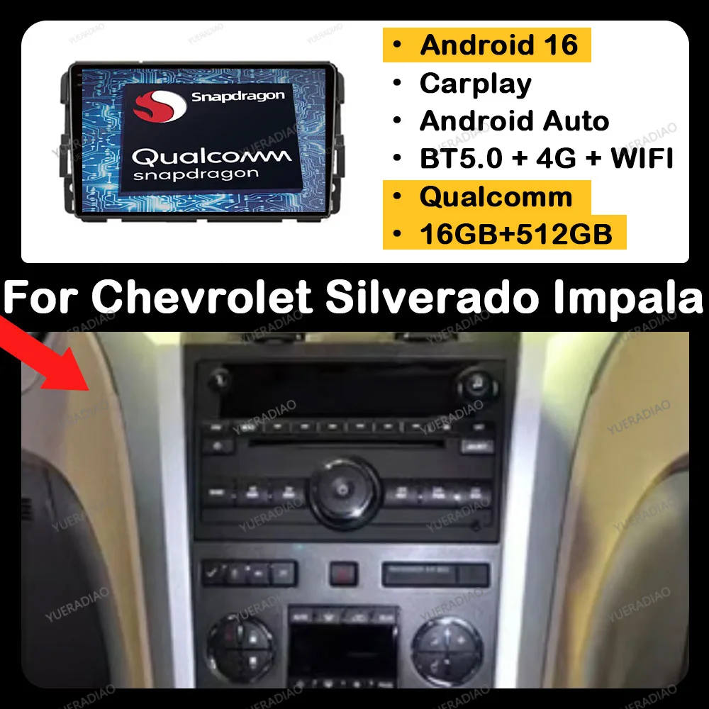 Radio para Auto Android 16 para Chevrolet Silverado, Impala, GMC Yukon, Acadia, Sierra, Reproductor Multimedia con Carplay, GPS, 4G, WIFI, QLED