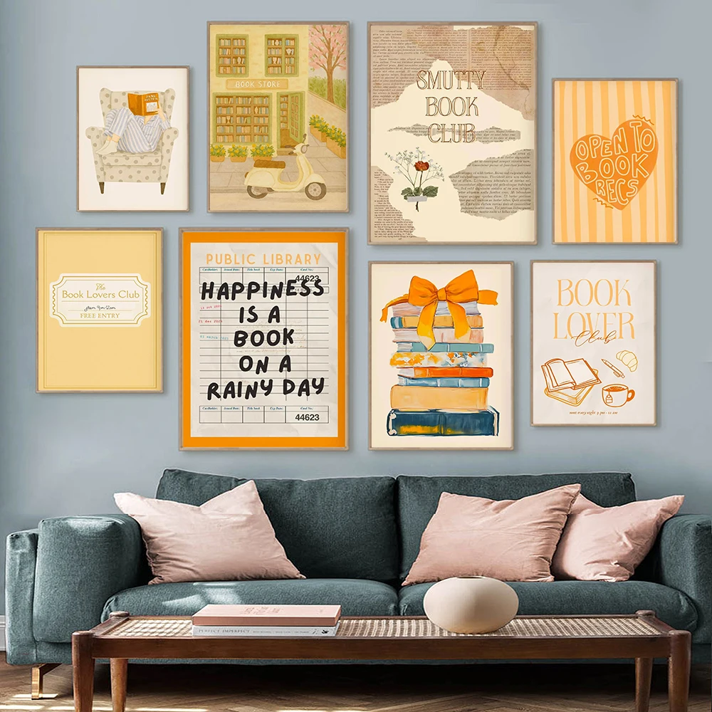 

Book Lover Club Poster Vintage Reader Decor Canvas Painting Minimal Bookish Print Wall Art Picture for Aesthetic Reading Room