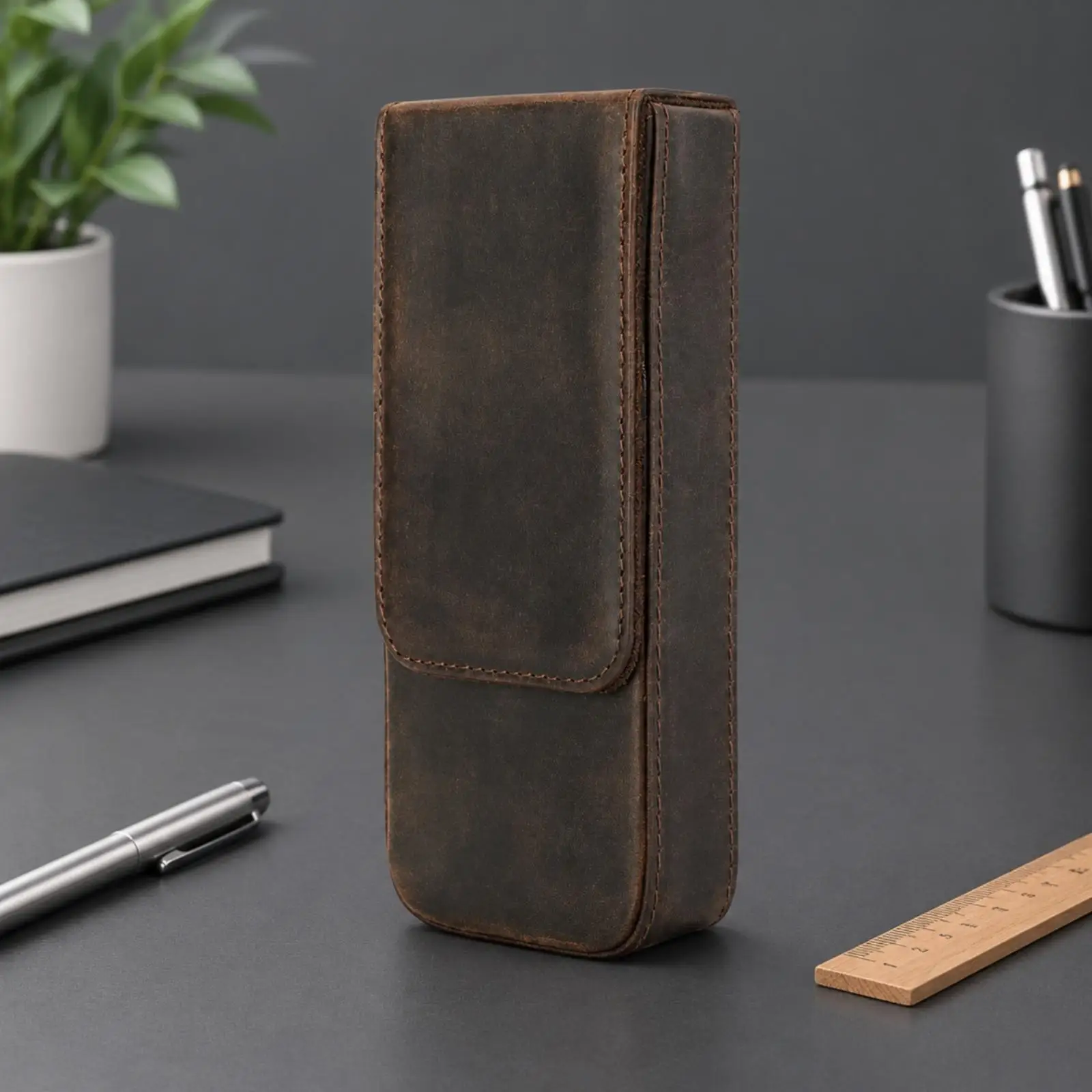 Crazy Horse Leather Pencil Pouch Pen Case for Students Artists Vintage Brown Hand Stitched Edge Flap Closure Writing Tool