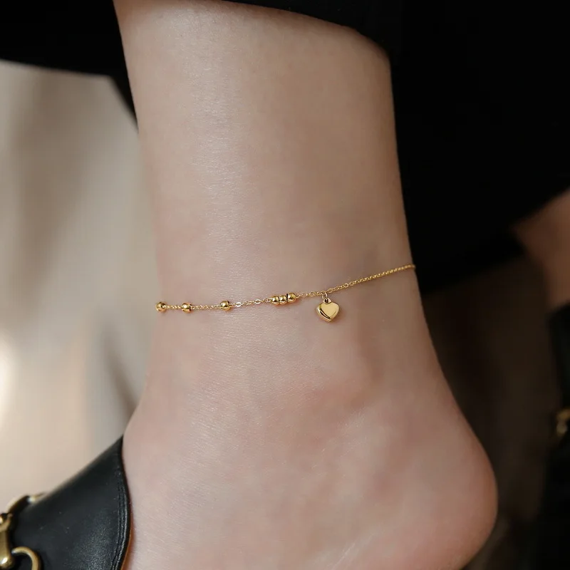 316L Stainless Steel Simplicity Mini Love Heart Shaped Bead Anklet Ladies Fashion Trend High Jewelry Beach Accessorie