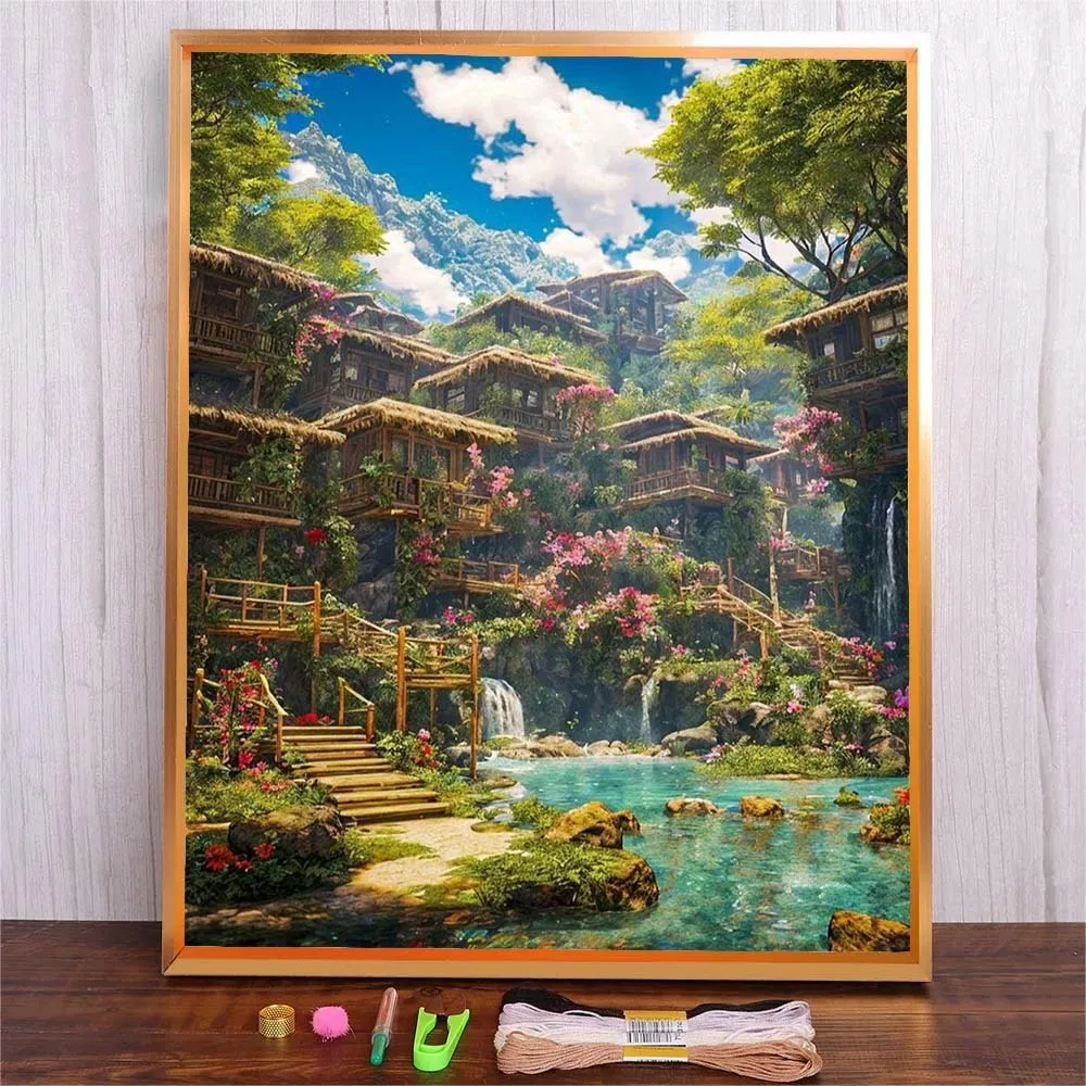 

Wooden House Cross Stitch Living Room Fashionable DIY Embroidery Kits Printed Needlework Material Cotton Thread Set Handicraft