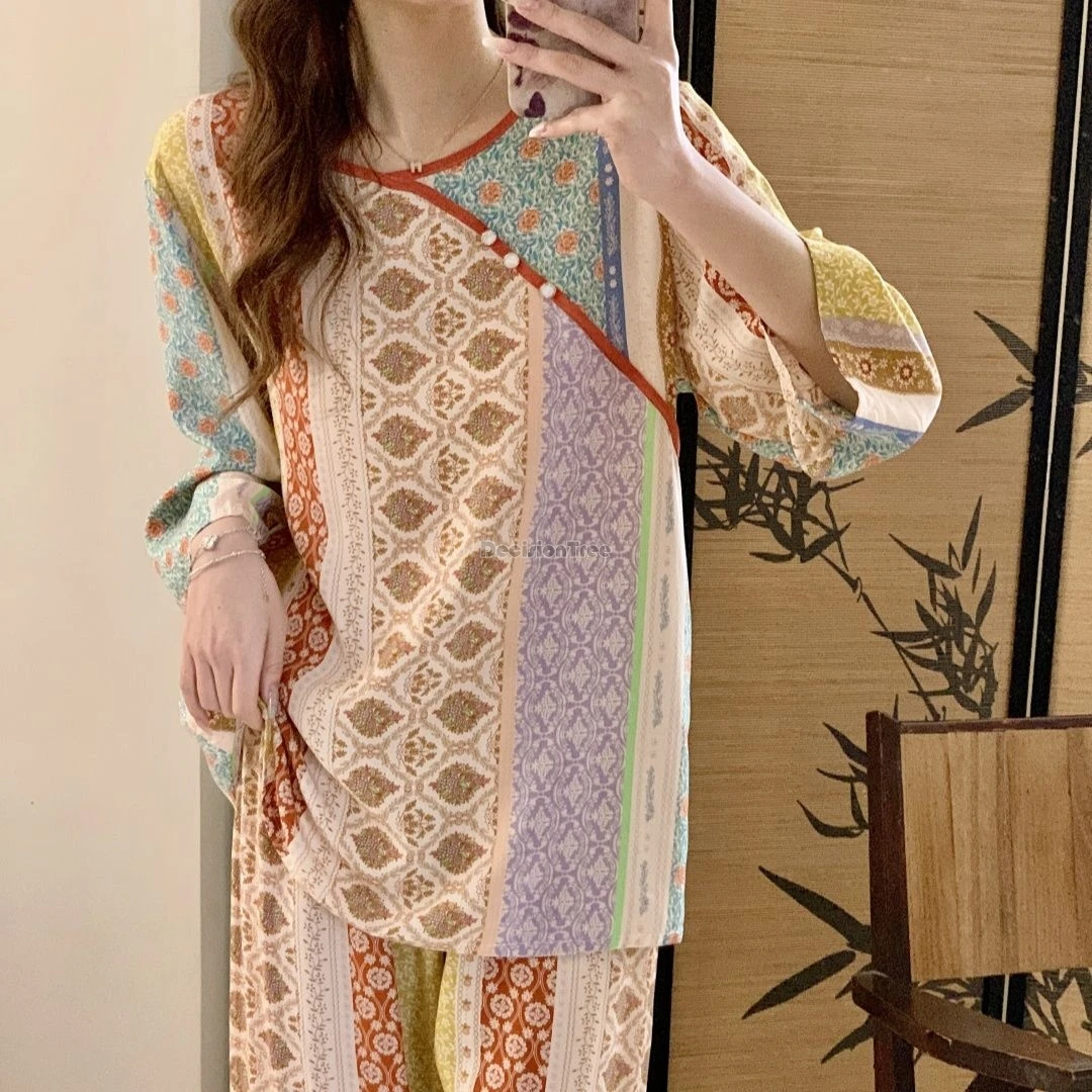 2026 New Chinese traditional style hanfu cotton pajamas for women printed long sleeve shirt long pants 2 piece home wear set