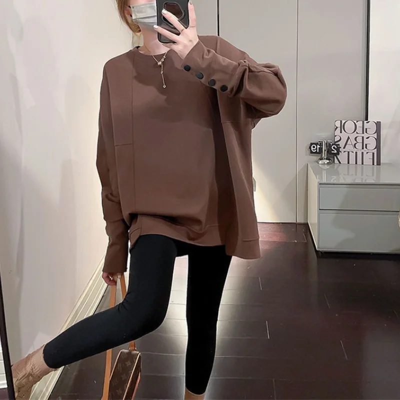 Women\'s Spring Autumn Korean New Round Neck T-shirt Fashion Leisure Sweatshirts Button Panel Loose Versatile Long Sleeved Tops