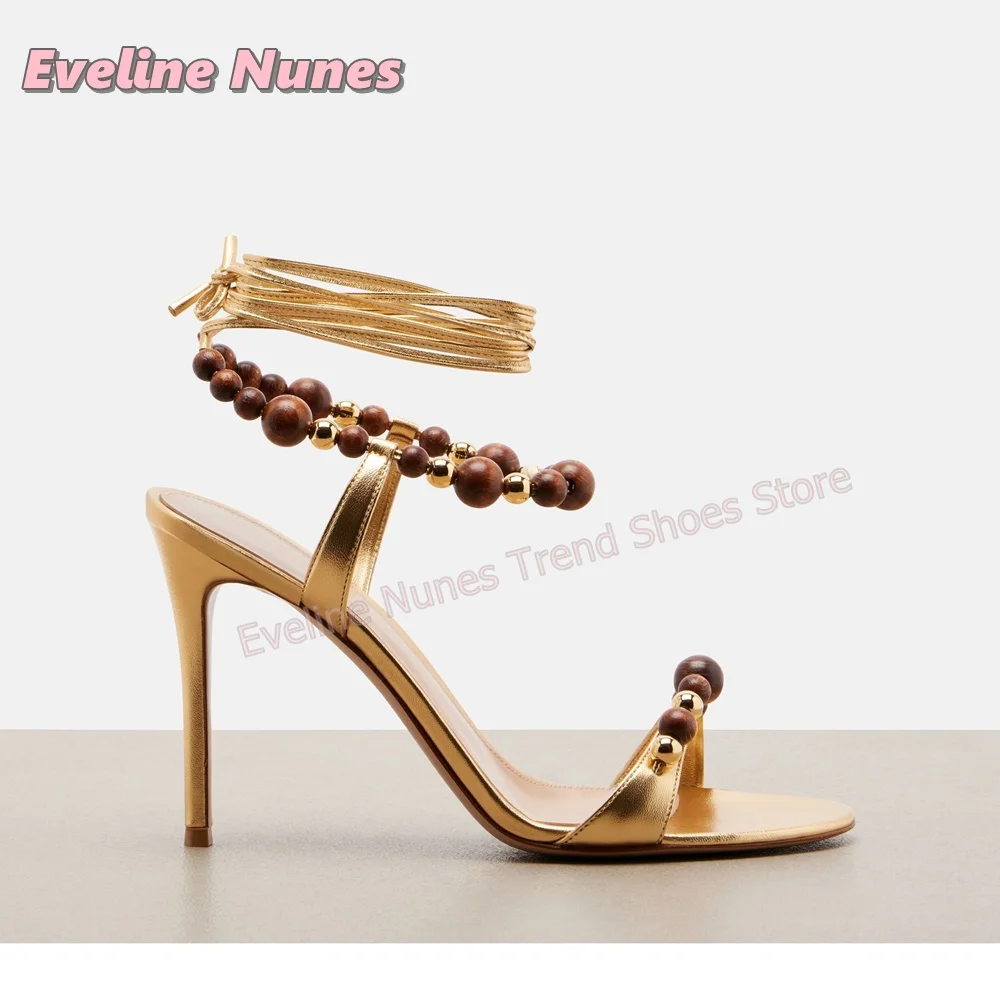 Glamouröse Stiletto-Sandalen für Damen in Braun mit Holzperlen, Offene Zehenpartie, Hohe Absätze für Strand, Party, Romantische Dates, Modische Schuhe Sommer 2026