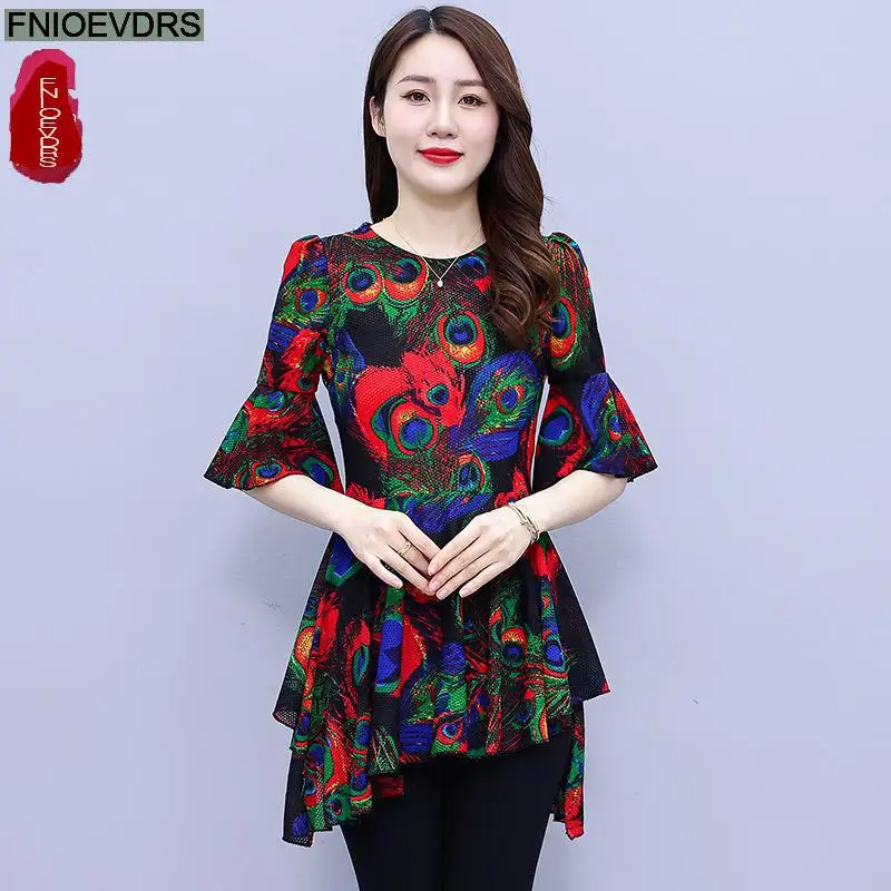 L-5XL Loose Clothes 2023 Women Summer Short Sleeve Elegant Ruffles Shirts Casual Retro Vintage Floral Tunic Peplum Tops Blouses