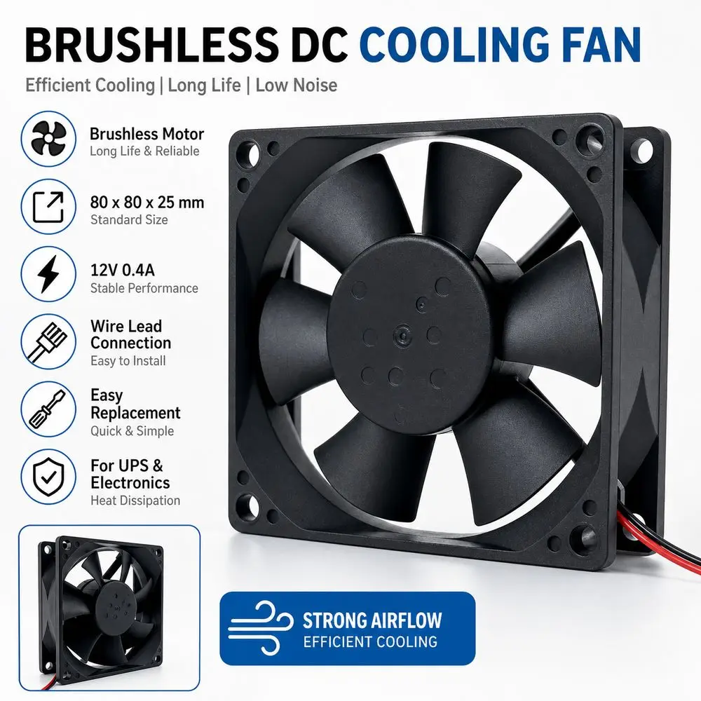 3Pin Cooling Fan Brushless Motor Wire Leads Brushless Fan Heat Dissipation Black Axial Fan for EFC-08E12D-EF05/EF04 UPS Cooling