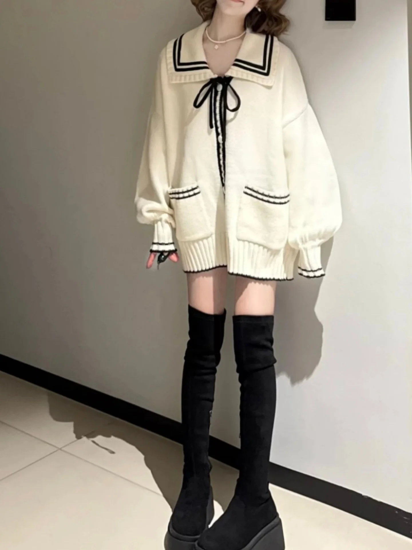 

Вязаный кардиган в морском стиле с поясом, мягкая верхняя одежда Pure Desire для женщин, свободный крой, длинный рукав, стандартная длина, шерстяная смесь