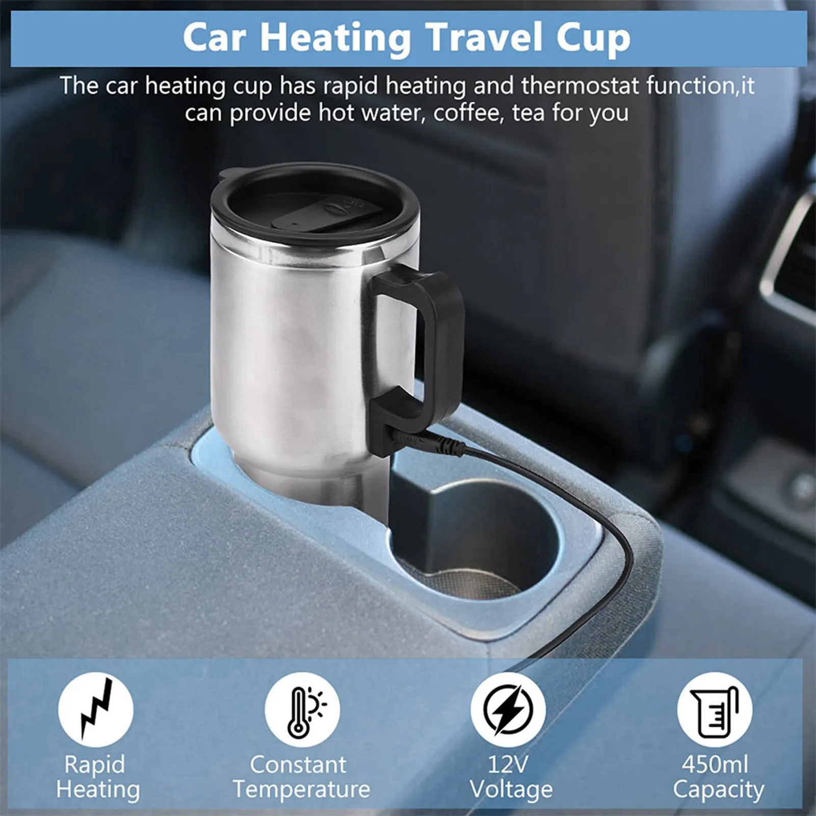 Travel Heating Cup 12V 450ml Electric Incar Stainless Steel Travel Heating Cup Coffee Tea Car Cup Mug Electric Coffee Mug - Image 2