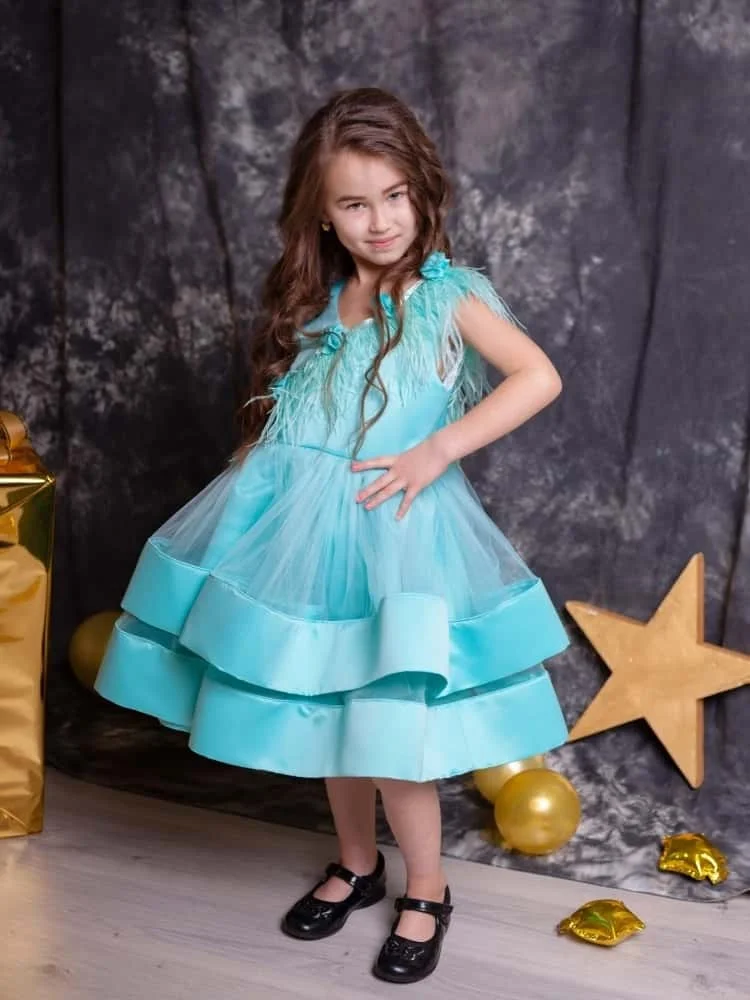 Custom Flower Girl Dresses Sleeveless Shoulder Feather 3D Flower Decor Double Layer Satin Ruffle Hem Tulle Birthday Performance