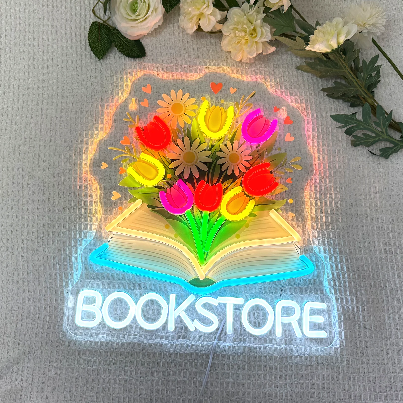 Colourful neon bookshop floral decorative light sign; LED neon sign suitable for bookshops, flower-themed bookshops and reading