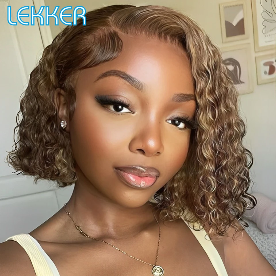 

Lekker Glueless Light Brown Short Deep Wave Curly Bob Part Lace Human Hair Wigs For Women Brazilian Remy Hair Colored Curly Wigs