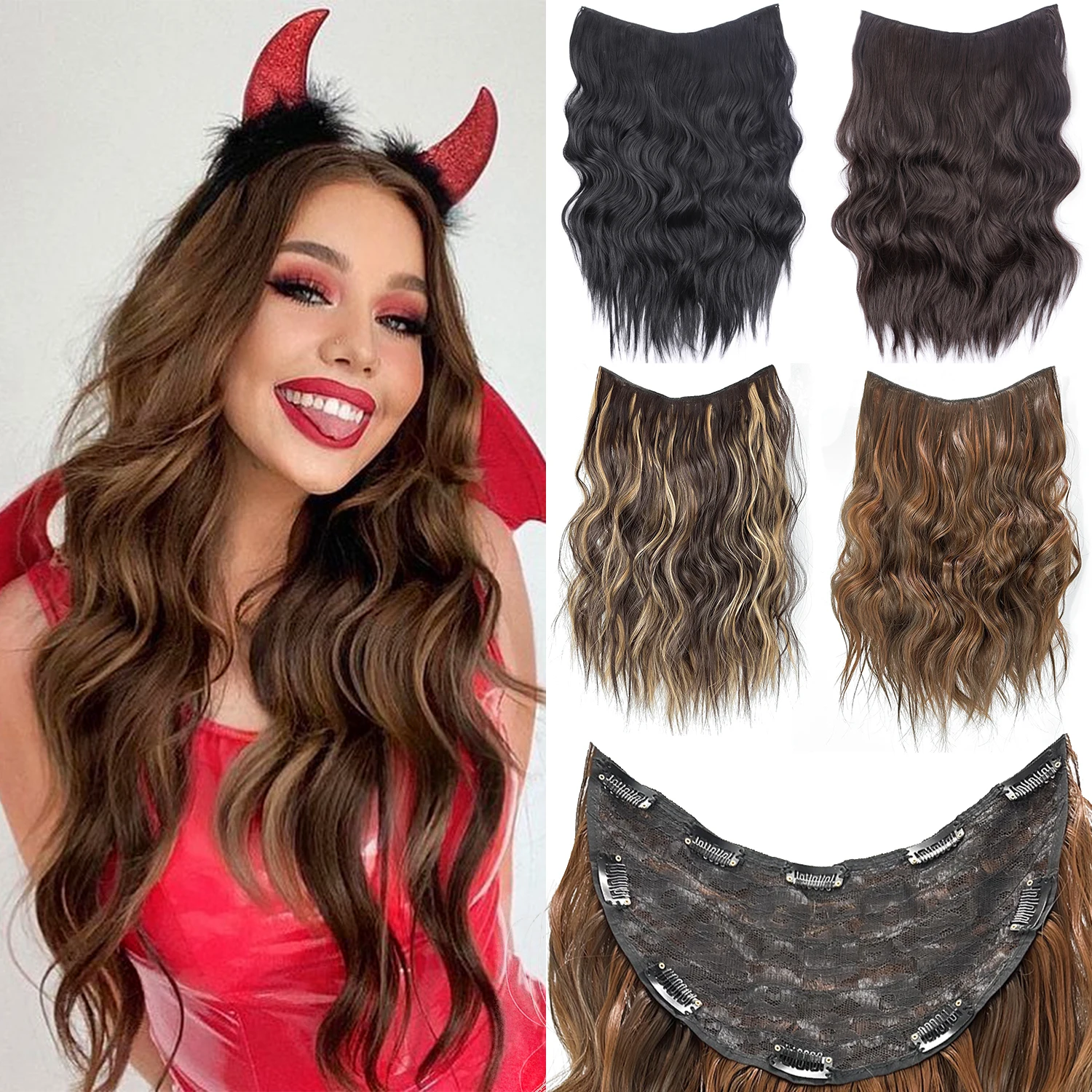 

Synthetic One Piece Long Wavy Clip in Hair Extensions 22 Inch Brown U-Shaped Fake Hairpiece With 10 Clips for Women Daily Use