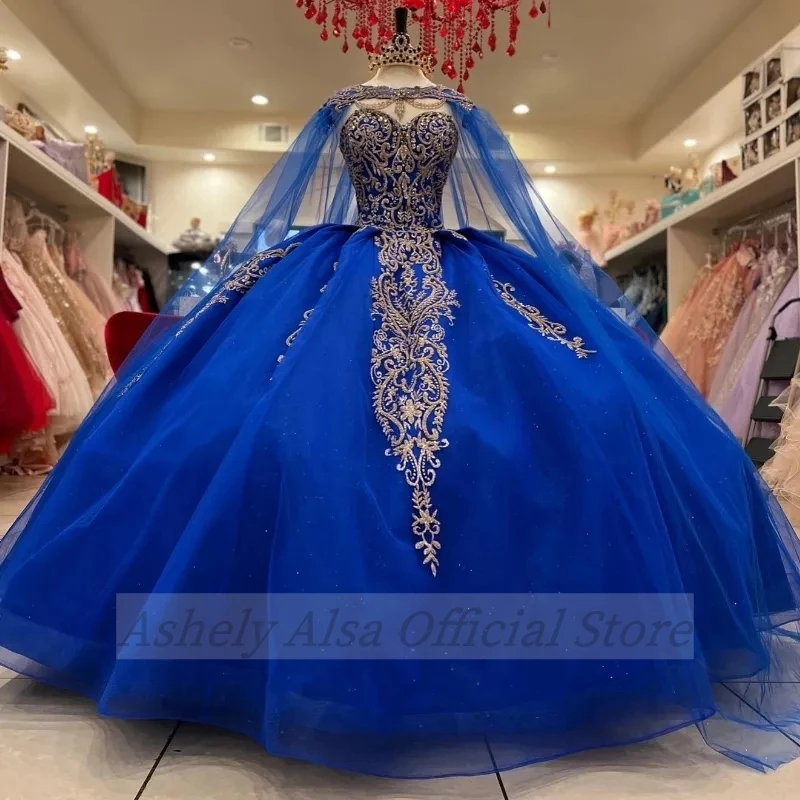 Custom Made Blue Ball Gown Quinceanera Dresses With Cloak Cape Applique Lace Floral Corset vestidos de xv 15 anos Girl Proms