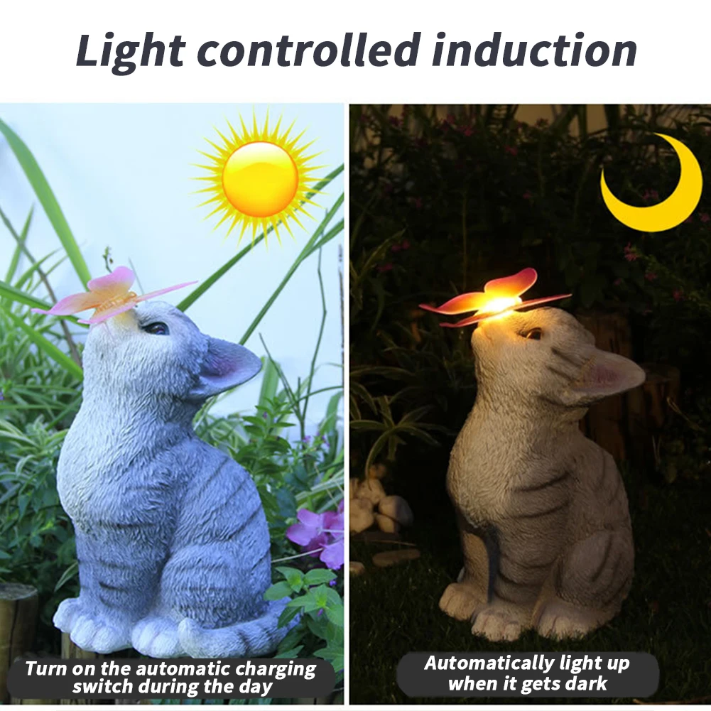 Estatuas de jardín para gatos al aire libre, luz Solar creativa, estatua de gato con luz de mariposa Solar, adorno para decoración de Patio de jardín, nuevo