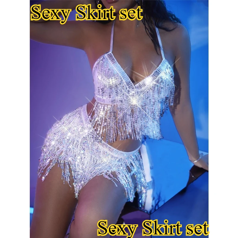 Sexy Rhinestone Strap Patchwork Women's Half Skirt Set Indian Dance Waist Scarves  Halloween Party Performance Sequin Costume