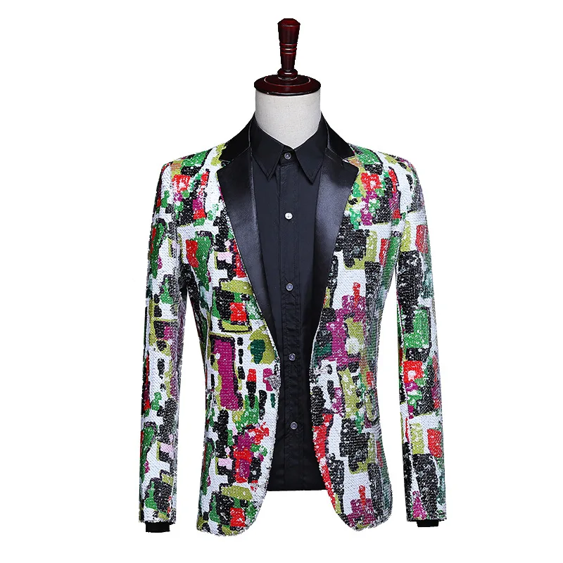 Colorful Printed Flip Sequin Suit Top Stage Performance Suit Singer DJ Hosting Bar Personalized Performance Coat Men