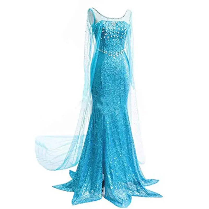Frozen Elsa Princess Long Dress Sequin Mesh Costume Adult Snow Queen Party Halloween Carnival Cosplay MN3