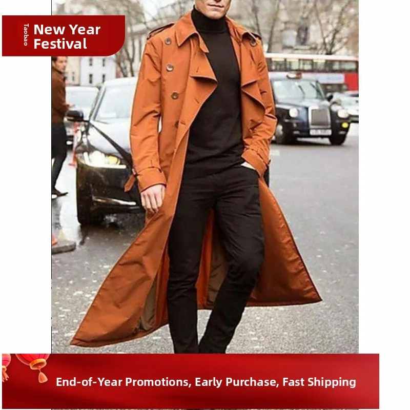 

Long Trench Coat Men's Loose Outerwear Autumn Faion Youth Sle Single Button Closure Flip Collar Long Length Loose Fit