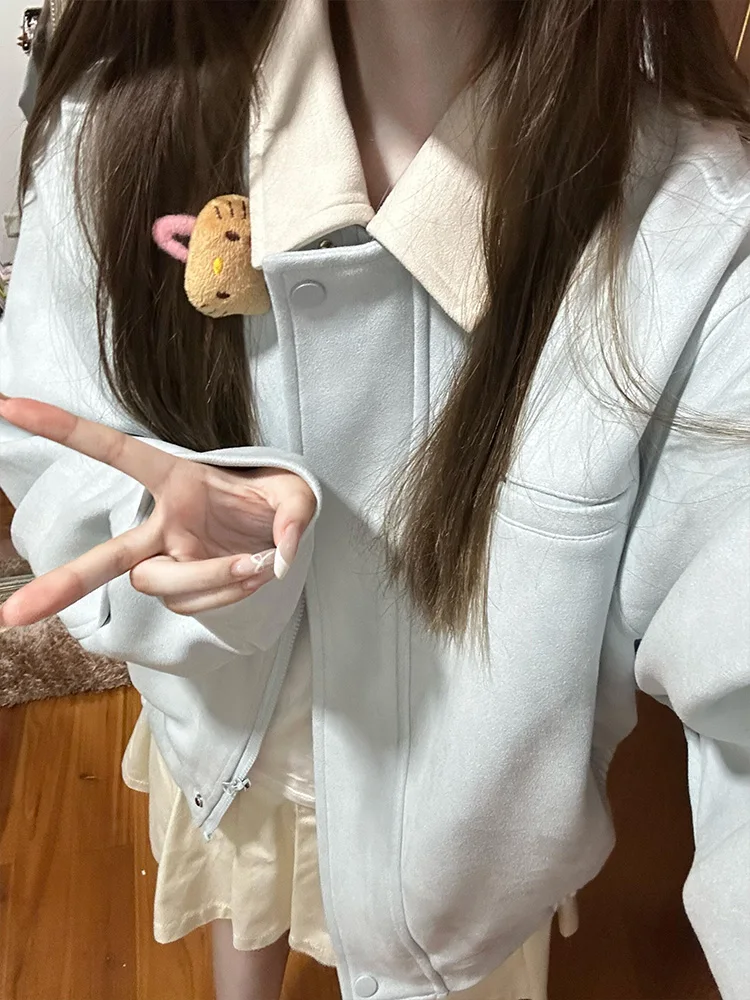 

Color Blo Suede Jaet Женский короткий воротник Осень Зима Новый дизайн Sweet Sle Свободный крой на пуговицах с застежкой-молнией