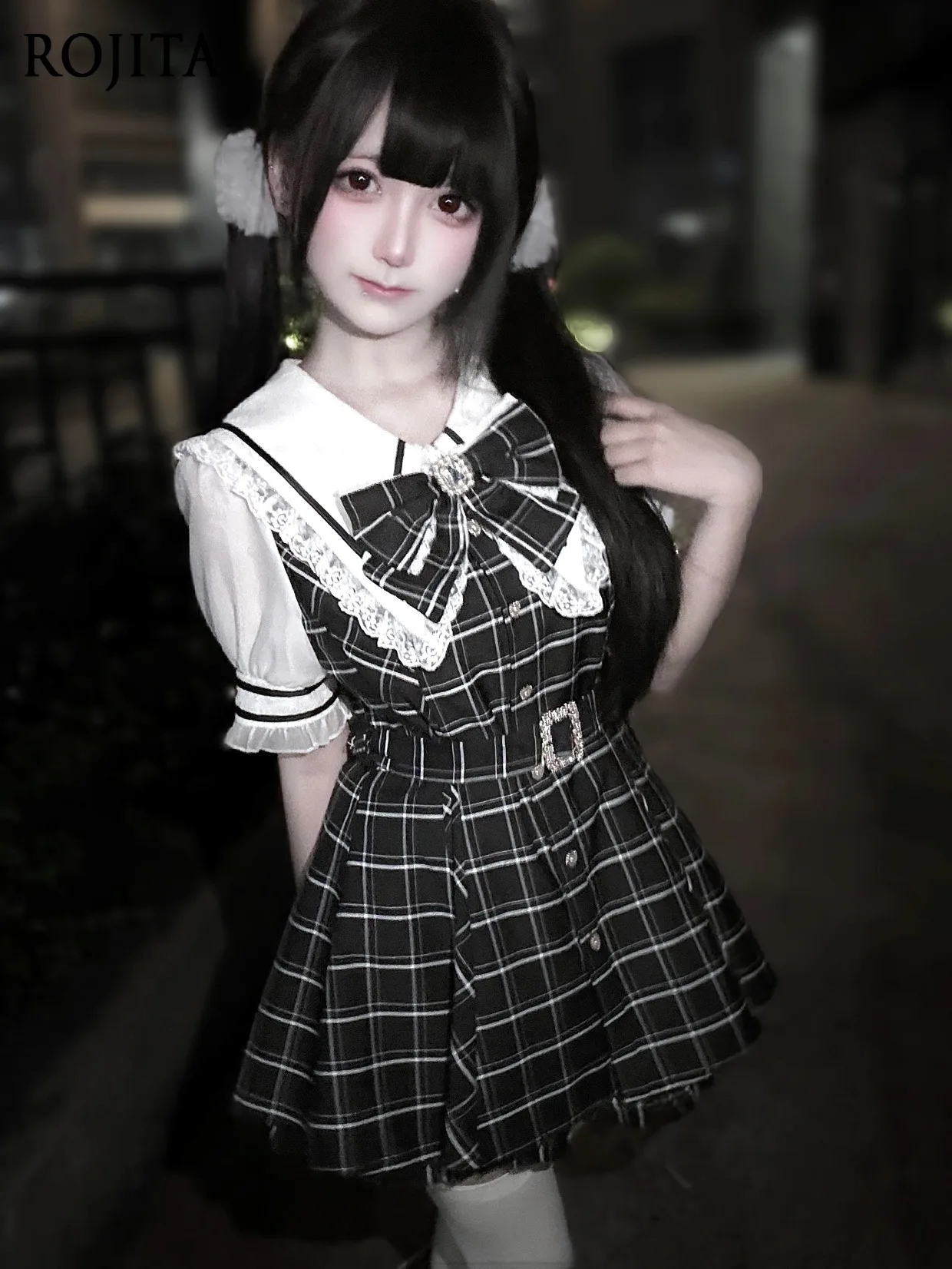 

Japanese Subculture Mass-Produced Waist Belt Plaid Set Bow Collar Lace Patchwork Long Sleeve Top and Shorts 2-Piece Women's Set