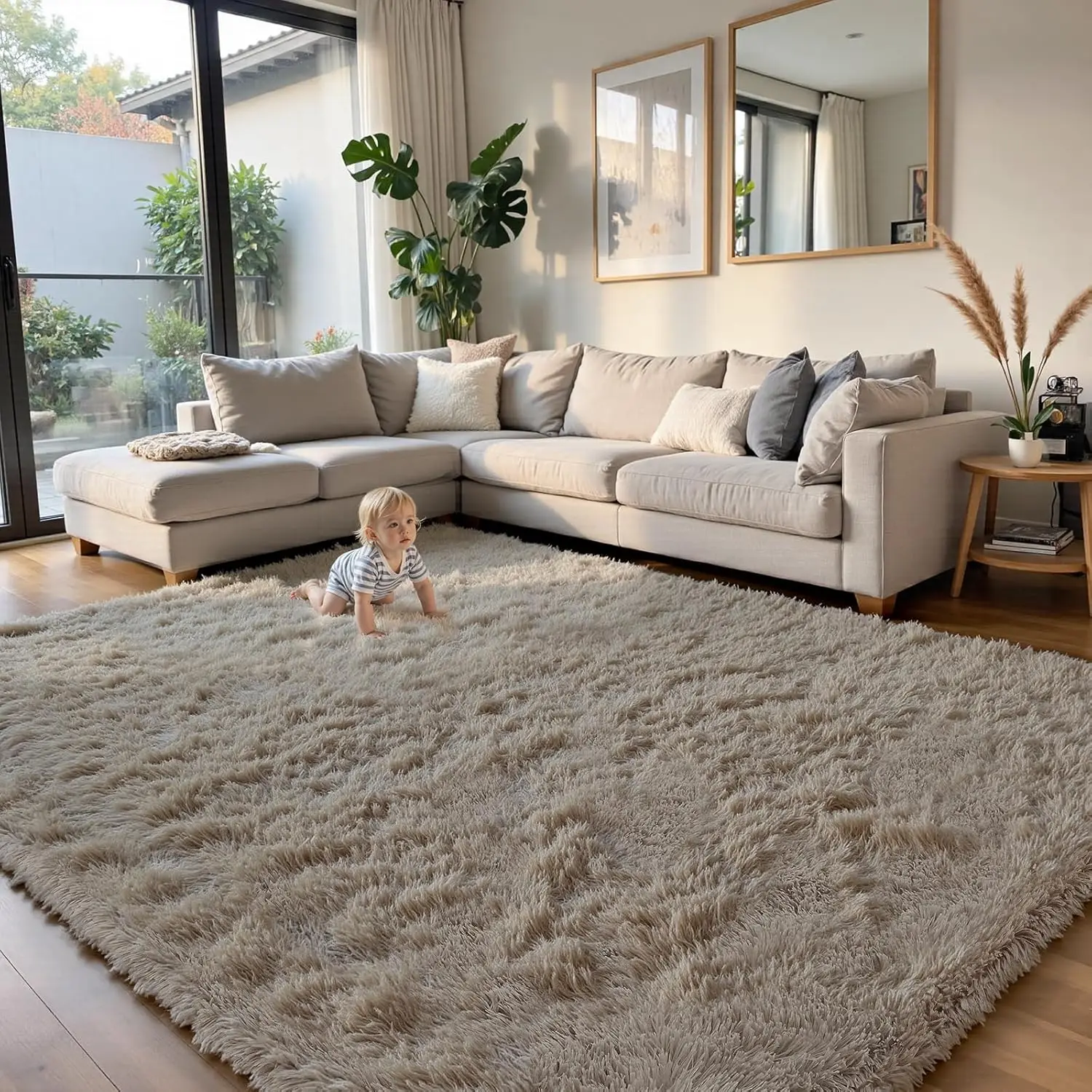 

Soft Beige Shag Rug 8x10, Anti-Skid Fluffy Carpet for Living Room Bedroom Kids Decor