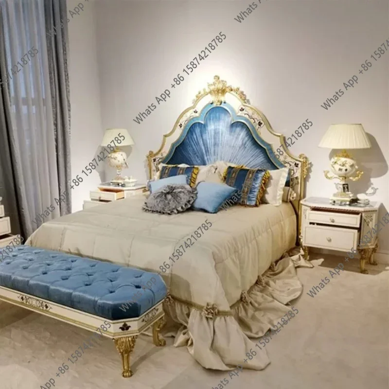 BJ French Solid Wood Carving Flower Fabric Double Bed European Inlaid Shell Gold Foil Bedroom 1.8 Meters