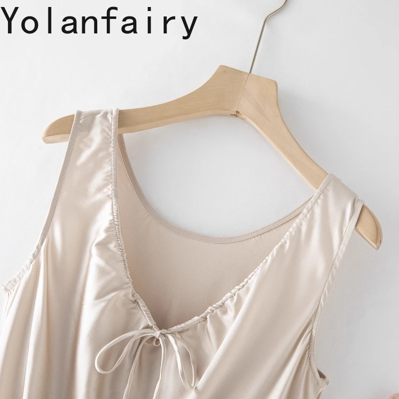 YOLANFAIRY Sukienka damska ze 93% jedwabiu morwowego, satynowa, sznurowana, beżowa, elegancka sukienka typu \"vest\", bez rękawów, odzież letnia