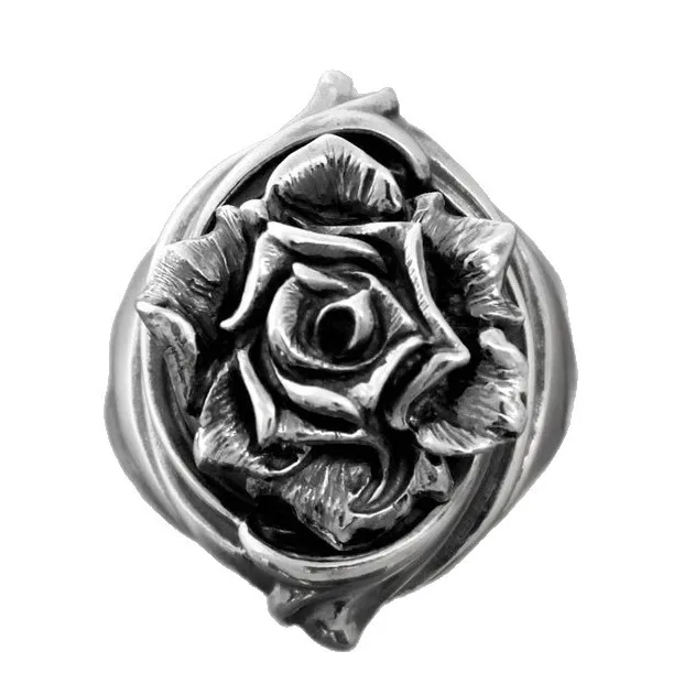 Vintage Oxidized Silver Black Rose Ring Men Hip Hop Punk Adjustable Open Finger Fashion Jewelry Gift