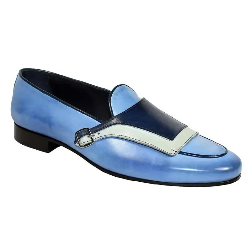 Men Loafers Shoes Beige Blue Monk Pu Leather Party Handmade Shoes Designer Men Shoes Zapatos De Hombre