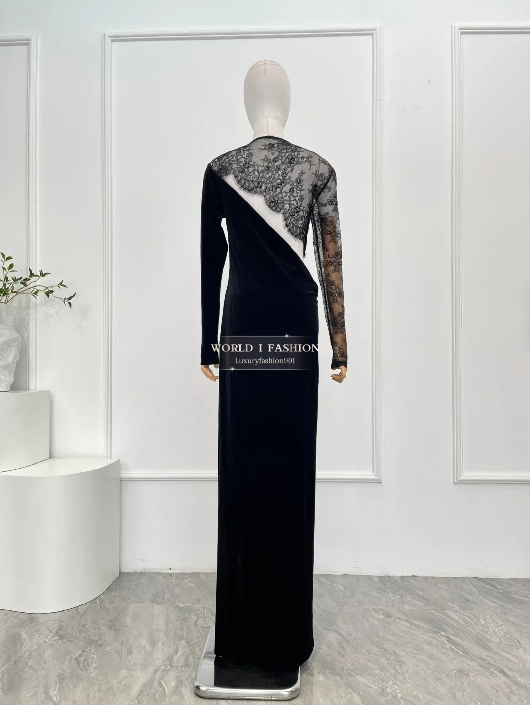 Sukienka maxi damska z czarnego aksamitu, z długim rękawem, odkrytymi plecami i koronką, elegancka, wysoka jakość, nowość 2025