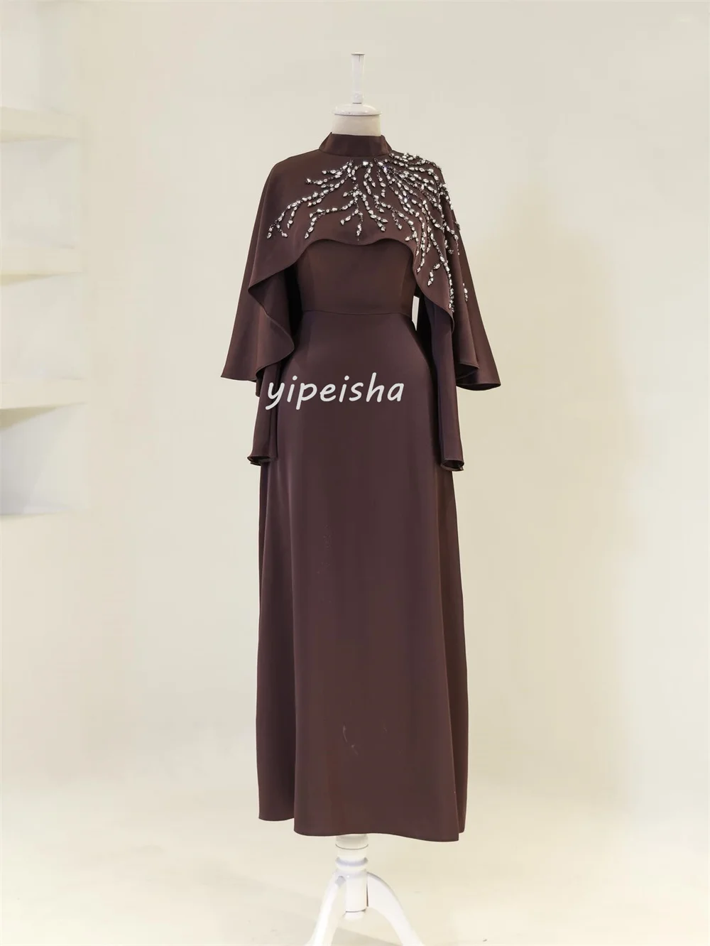 Customized Matching Sparkle Jersey Rhinestone Pleat Straight High Collar Long Dresses Bespoke Occasion Dresses Exquisite Classic