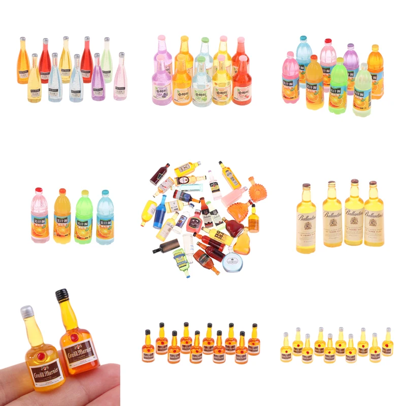 10pcs 1/12 Scale Dollhouse Miniature Kitchen Drink Scene Mini Whiskey Bottle Liquid Juice for Dolls House Furniture Decoration