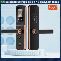 Tuya WiFi Eletrônico Smart Door Lock com Câmera, Impressão Digital Biométrica, Smart IC Card, Senha Chave de Desbloqueio, USB Emergency Unlock