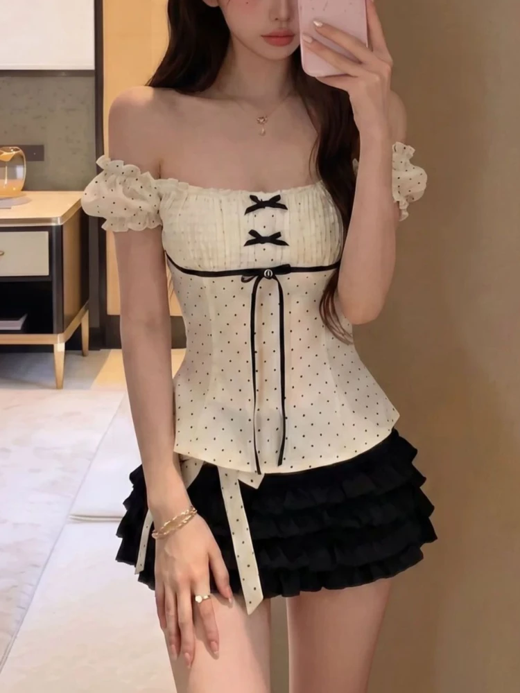 French Sweet Sexy Elegant 2 Piece Set Women Chic Polka Dot Slash Neck Tops + Mini Skirts Japanese Causal Vintage Lovely Outfits