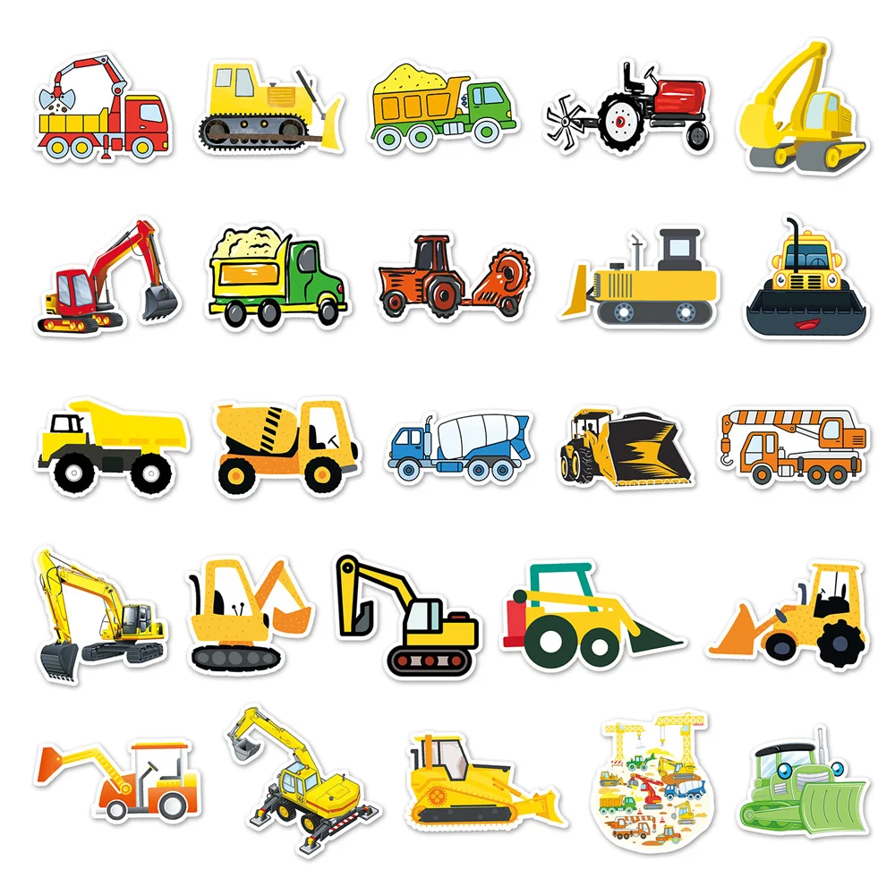 10/30/50Pcs Cartoon Truck Graafmachine Bouw Voertuig Graffiti Kids Sticker Speelgoed Bagage Laptop Ipad Gift Sticker groothandel