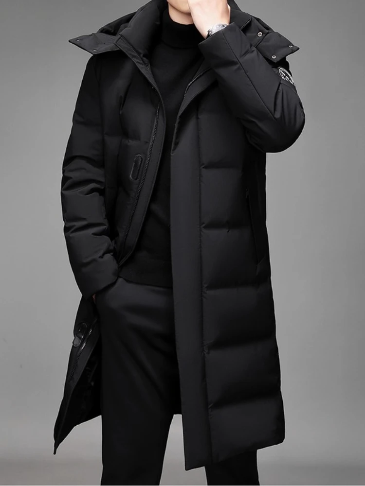 

Зимнее пуховое пальто длиной до колена, мужская утолщенная куртка-пуховик больших размеров со съемным меховым капюшоном, теплая верхняя одежда средней длины большого размера