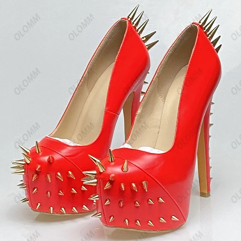 Olomm 2025 Handmade Women Pumps Sexy Rivets Stiletto Heels Pumps Round Toe Gorgeous 5 Colors Club Wear Shoes Women US Size 5-20