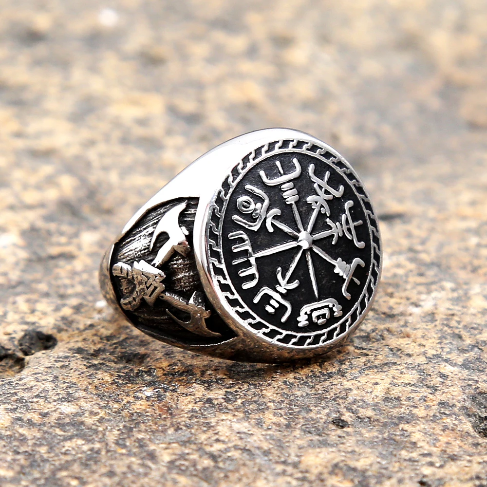 Vintage Viking Compass Ring Viking Double Axe Rings Stainless Steel Punk Biker Rings for Men Fashion Norse Jewelry Size 7-15