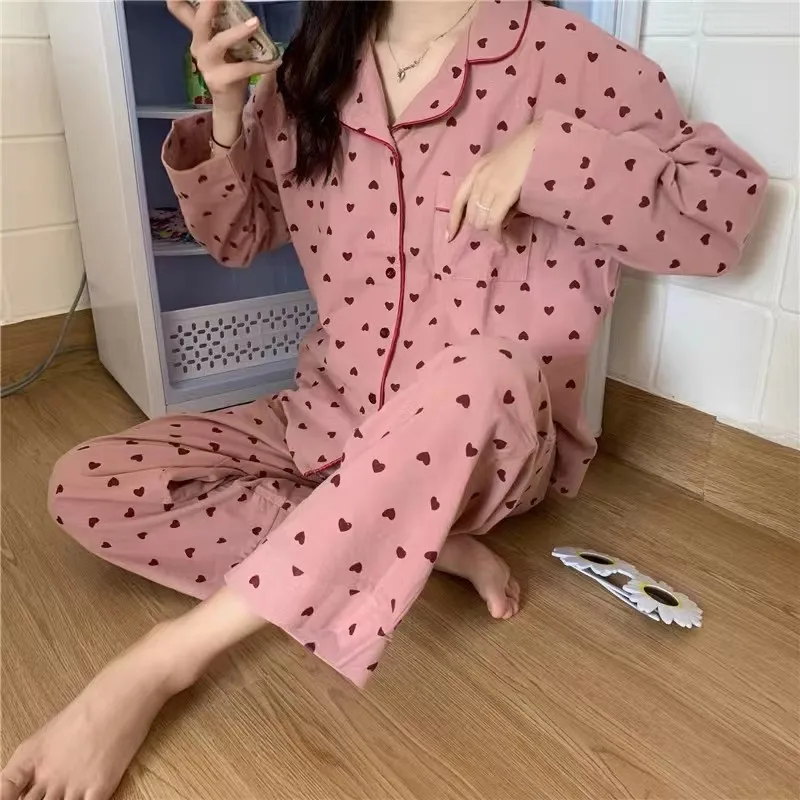 Cotton Sleepwear Korean Pajamas Women Spring Cute Heart Print Pyjamas Long Sleeve Pijama Female Set Negligee Cardigan Suit