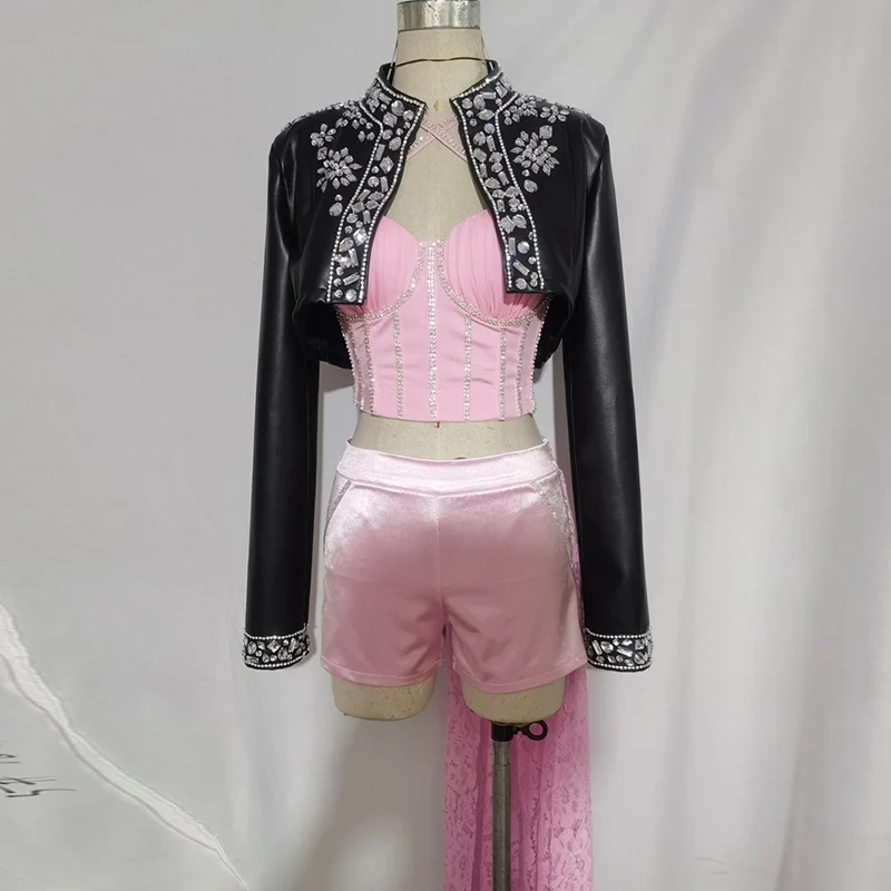 Women Jazz Dance Costume Black Leather Short Jacket Pink Vest Shorts Nightclub Dj Performance Clothes Rave Kpop Outfit JL6004