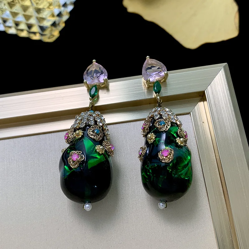 luxury niche hand-style vintage Bohemian green pink zircon earrings teardrop pendant court elegant fine jewelry