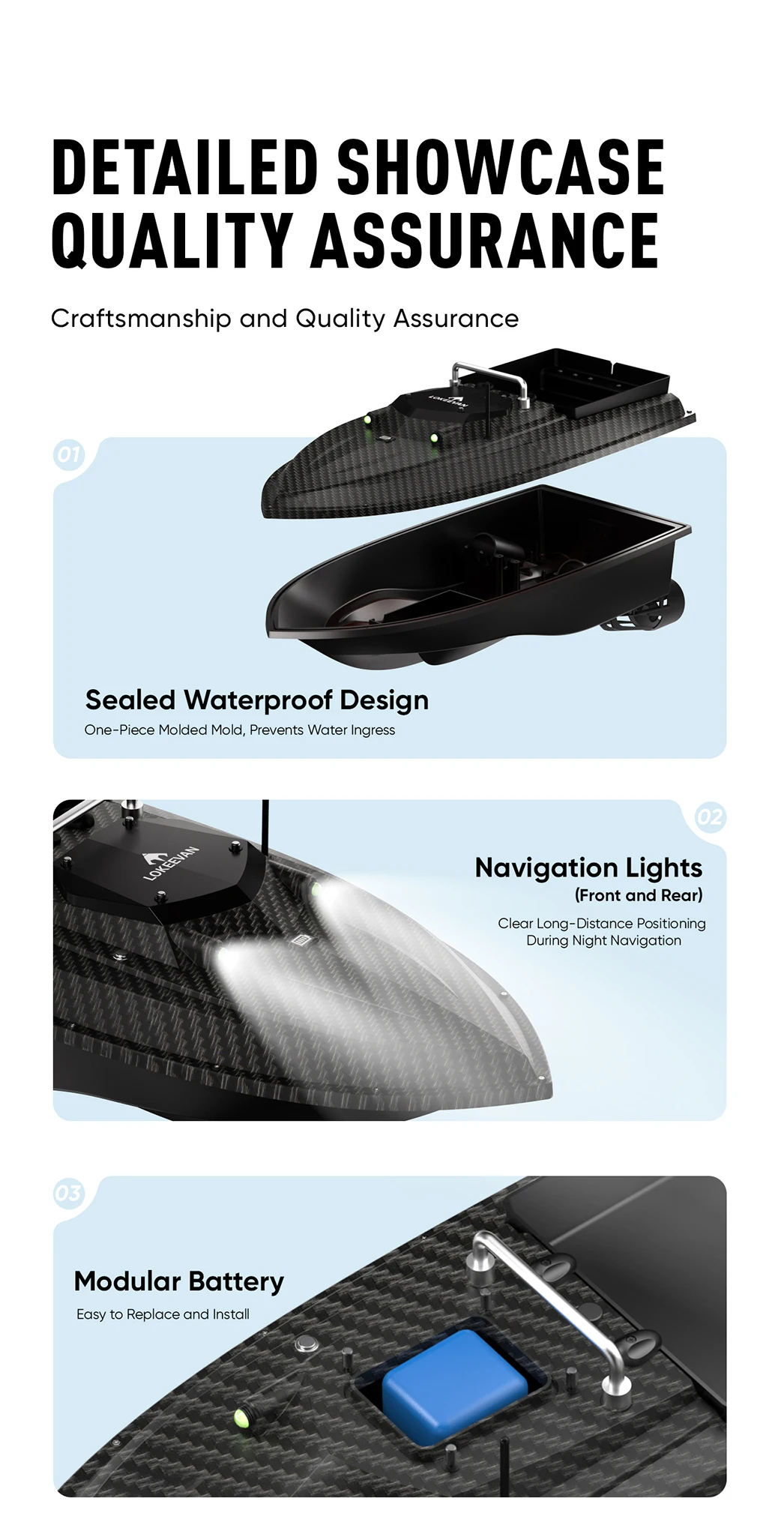 Köderboot mit GPS, 600 m Fernsteuerung, RC-Nachtboot mit LED-Beleuchtung zum Angeln, 3 kg Ladekapazität, Angelboot, 46800 mAh, 65 cm verlängerte Rumpflänge, 3,6 m/1S Hochgeschwindigkeits-Köderauswurf, Hakenlieferung, Schleppnetz – Detail 14